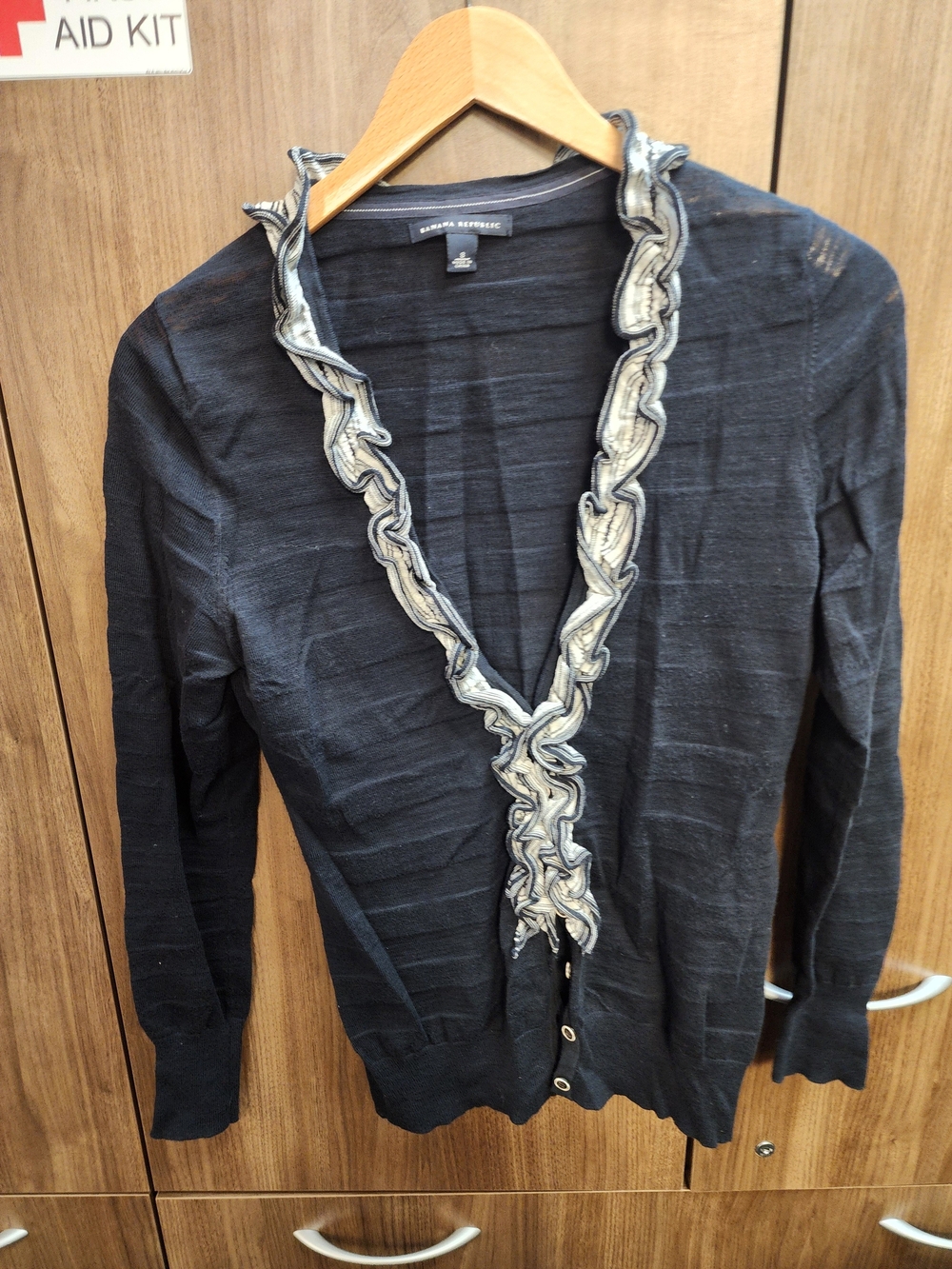Banana Republic Navy Knit Cardigan with Cream And Navy Ruffle